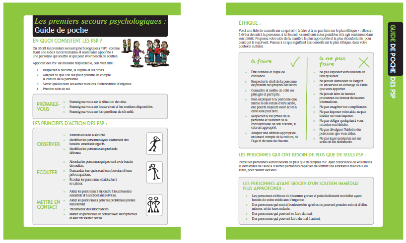 Extrait du guide de poche « Les premiers secours psychologiques » : observer, écouter, mettre en contact, à faire et à ne pas faire.